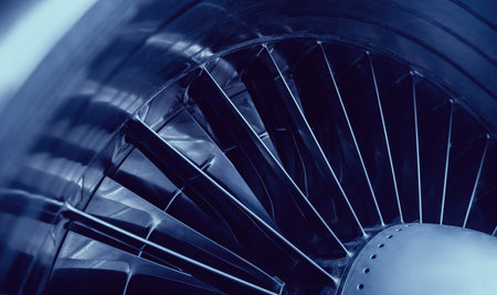 Closeup jet engine blades of airplane. Blue color tone