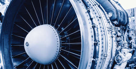 Closeup detail of turbine airplane engine blades, toning blue colorの写真素材