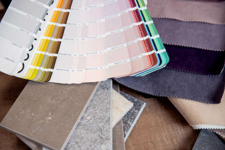 Top view interior design decorator sets of upholstery fabric for furniture, paint colorsの写真素材