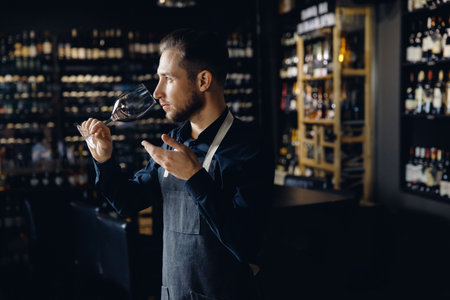 Sommelier man sniffing aroma red wine in glass background bottles restoranの写真素材