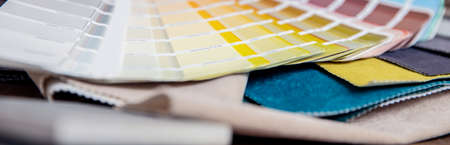 Banner interior design decorator sets of upholstery fabric for furniture, paint colorsの写真素材