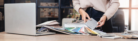 Banner interior design decorator sets ceramic tiles for walls, upholstery fabric for furniture, paint colorsの写真素材