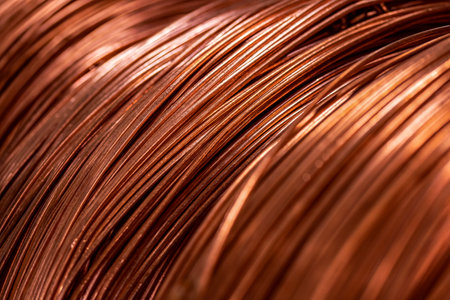 Closeup macro photo copper cable coil background texture, industry factoryの写真素材