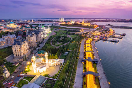 Panoramic aerial top view of Kazan Kremlin Kul Sharif mosque Kazanka river embankment sunset, Tatarstan Russiaの写真素材