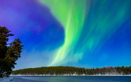Arctic polar night starry sky background of aurora borealis and Northern Lights in forest with riverの写真素材