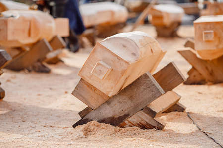 Construction frame building site of house made of woodの写真素材