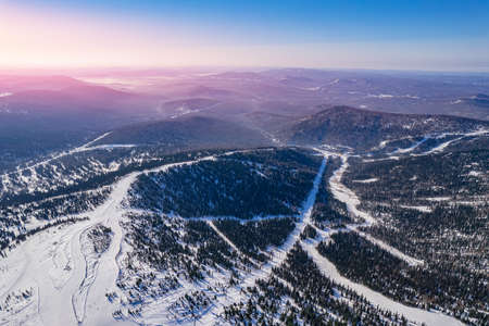 Aerial top view landscape Sheregesh ski lift resort winter, mountain and hotels, Russia Kemerovo regionの写真素材