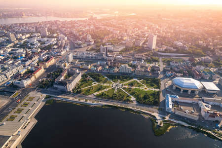 Panoramic aerial top view of Kazan with sun light, republic of Tatarstan Russiaの写真素材
