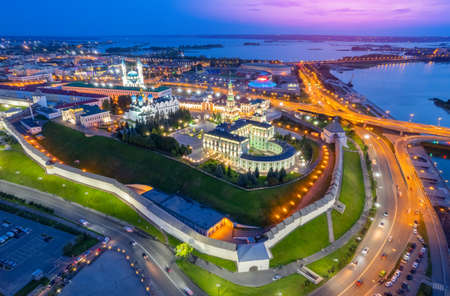 Panoramic aerial top view of Kazan Kremlin Kul Sharif mosque islam republic sunset, Tatarstan Russiaの写真素材