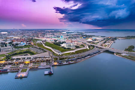 Panoramic aerial top view of Kazan Kremlin Kul Sharif mosque islam republic sunset, concept travel Russiaの写真素材