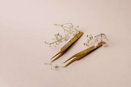 Minimalism tools tweezers for eyelash extension procedure light background, top viewの写真素材