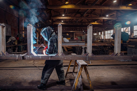 Factory industry worker welder in protective uniform with mask on workplace metalwork