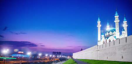 Panorama Night sky Mosque Kul Sharif islam and Kremlin Kazan. Concept Travel Beautiful Russiaの写真素材