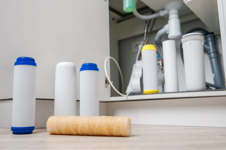 Replaceable dirty used aqua filter for filtration of reverse osmosis water white kitchenの写真素材