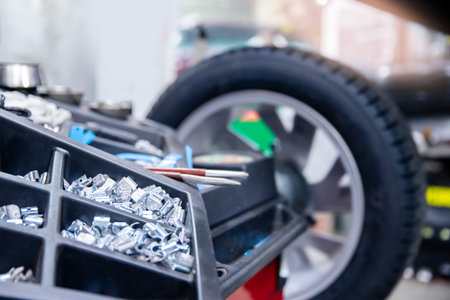 Concept balancing wheel in car service. Auto mechanic places weights on steel rim of machine