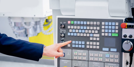 Banner Hand push start button CNC machine at factory floor to get metal detail production going for...
