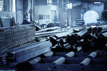 Storage steel metal with structural material on shelves in building warehouse. Industrial...