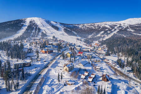 Aerial top view landscape Sheregesh ski lift resort winter, mountain and hotels, Russia Kemerovo regionの写真素材