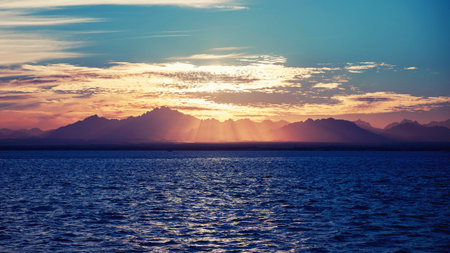 Panorama sunset in Red sea background mountains Hurghada Egyptの写真素材