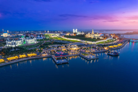 Aerial top beauty view of main attractions city Kazan sunset with light, Tatarstan travel Russia