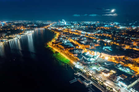 Aerial top view night cityscape of Kazan Tatarstan Russiaの写真素材