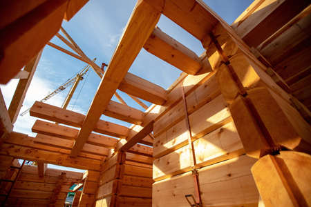 Country house cottages of wooden log under open construction roof, rural propertiesの写真素材