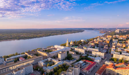 Aerial top view panorama city Perm and Kama river Russia, sunset drone photoの写真素材