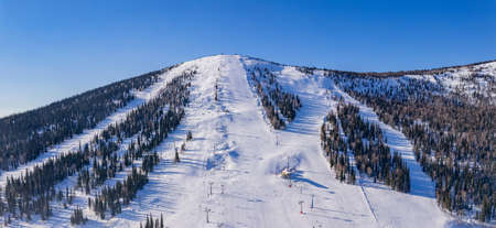 Aerial top view Panorama Sheregesh ski lift resort winter, mountain and hotels, Russia Kemerovo regionの写真素材