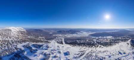 Aerial top view Panorama Sheregesh ski lift resort winter, mountain and hotels, Russia Kemerovo regionの写真素材