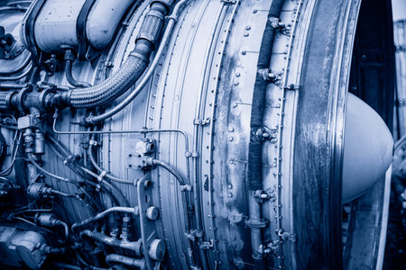 Turbine Disassembled jet aircraft engine undergoing scheduled repair of titanium bladesの写真素材
