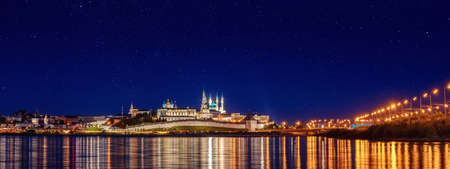 Night panorama city Kazan Kul Sharif Mosque islam and Kremlin river Kazanka, Republic of Tatarstan. Concept Travel Russiaの写真素材