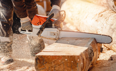 Concept construction of wooden houses. Close-up chainsaw of woodcutter sawing chain saw in motion, sawdust fly to sidesの写真素材