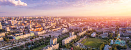 Aerial view panorama sunset city Perm Russia, drone photoの写真素材