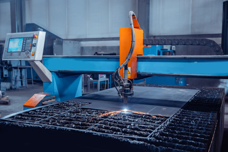 Plasma cutting CNC machine cuts metal material with sparks, industry background aerospaceの写真素材