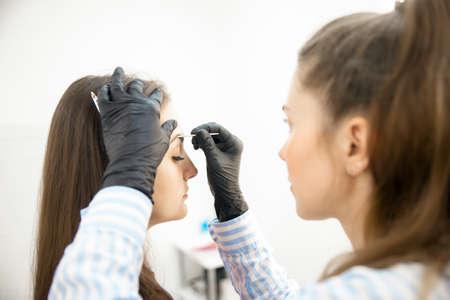 Beauty salon, master corrects and dyes eyebrows hair of young womanの写真素材