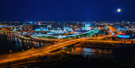 Panorama night city Kazan kremlin and Kul Sharif mosque Russia, aerial top viewの写真素材