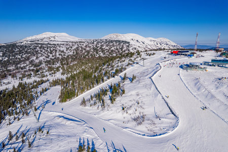 Aerial top view landscape Sheregesh ski lift resort winter, mountain and hotels, Russia Kemerovo regionの写真素材