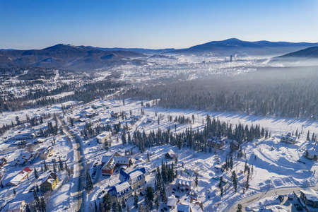Aerial top view Sheregesh ski lift resort winter, landscape mountain and hotels, Russia Kemerovo regionの写真素材