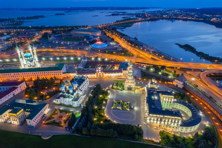 Panoramic aerial top view of Kazan Kremlin Kul Sharif mosque islam republic sunset, Tatarstan Russiaの写真素材