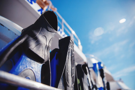 Equipment for diving and snorkeling in sea on boat. Concept tourism ocean yachtの写真素材