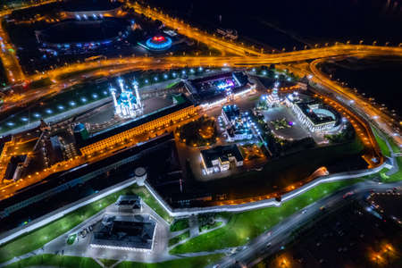 Panorama night city Kazan kremlin and Kul Sharif mosque of Tatarstan Russia, aerial top viewの写真素材