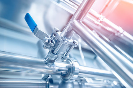 Stainless pipes for food industry for transporting milk, beer. Concept production line, sunlightの写真素材