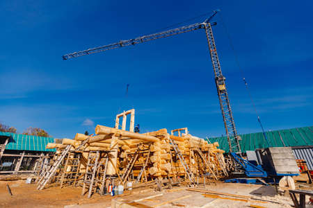 Concept building of wooden houses from log work, construction siteの写真素材
