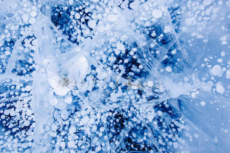 Gas methane bubbles and seaweed frozen in winter ice of lake Baikal, abstract backgroundの写真素材