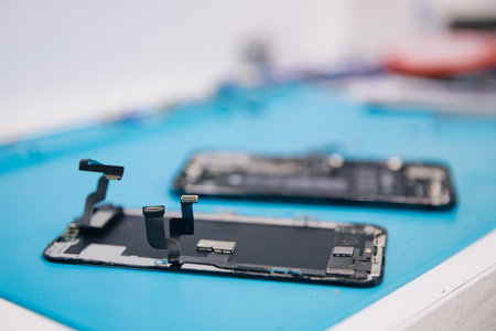 Concept repair modern mobile phone, master disassembles case to replace broken screen or replacement...