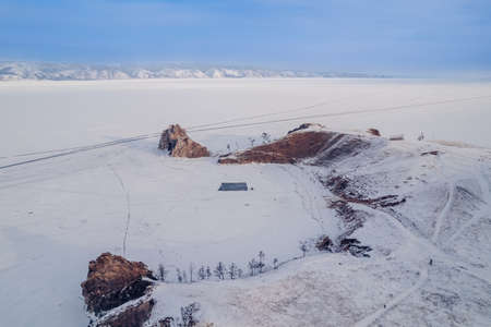 Khuzhir village Olkhon island winter ice of Lake Baikal, aerial top viewの写真素材