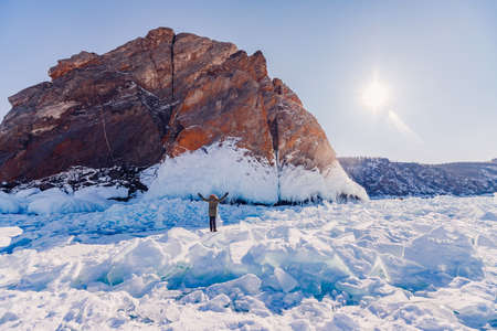 Sunny day winter landscape ice of Lake Baikal Siberianの写真素材