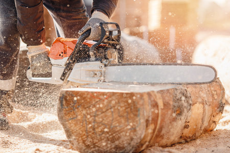 Industrial work carpenter sawing with chainsaw log, construction frame building site of house made of woodの写真素材