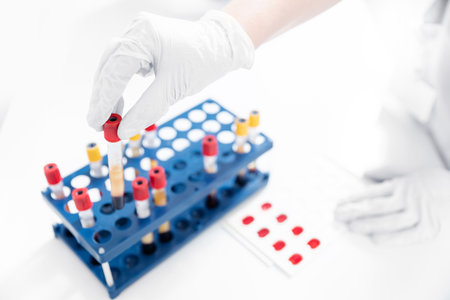 Lab worker preparing test blood for detection of antibodies and infections Corona virusの写真素材