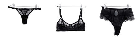 Banner lingerie lace sexy black woman underwear on white isolated background top viewの写真素材